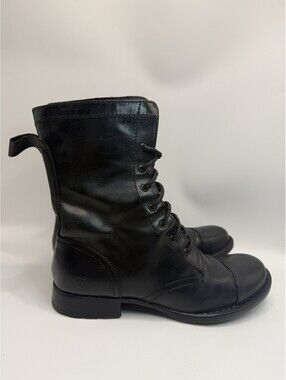 Born Lace Up Combat Boots Womens Sz 6 Black Leather Cap Toe Low Block Heel